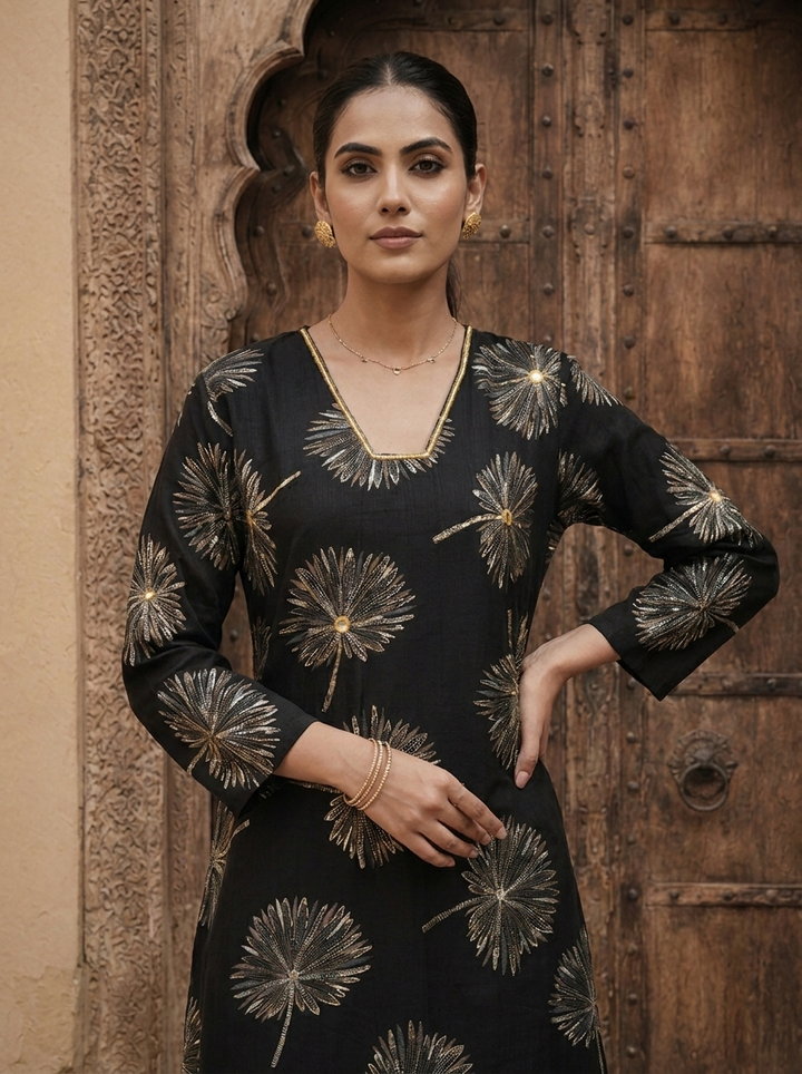 Black Printed Rayon Two Piece Set