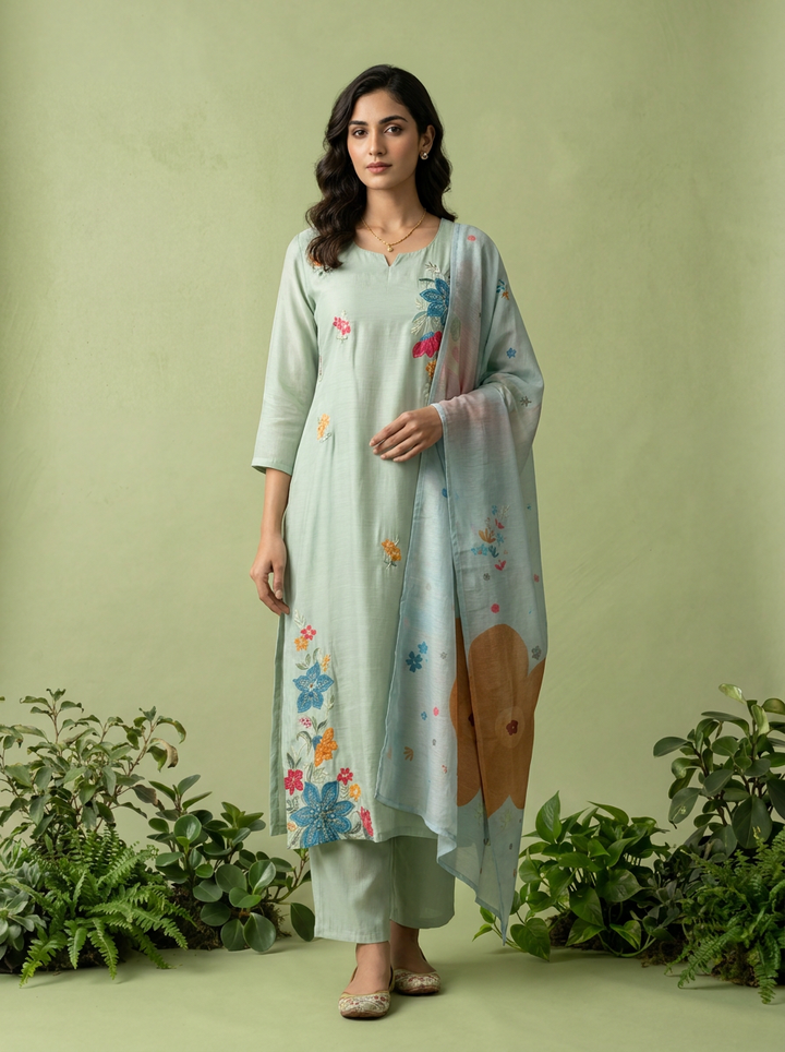 Aqua Muslin Heavy Floral Thread Embroidery Three Piece Set