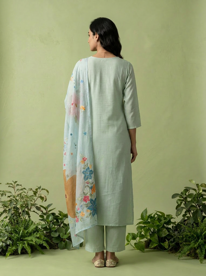 Aqua Muslin Heavy Floral Thread Embroidery Three Piece Set