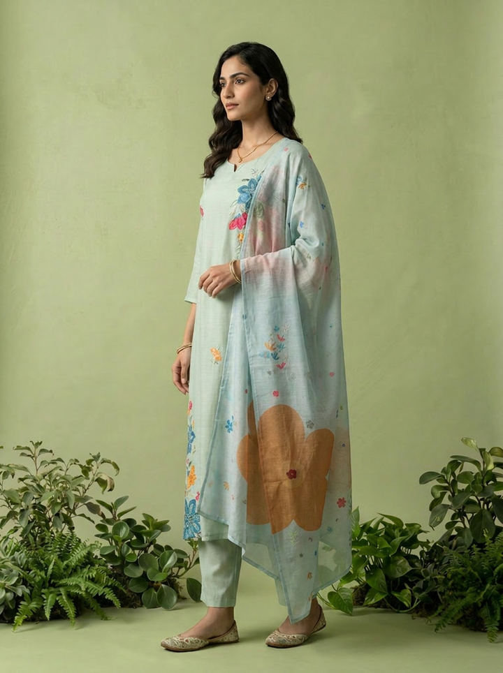 Aqua Muslin Heavy Floral Thread Embroidery Three Piece Set