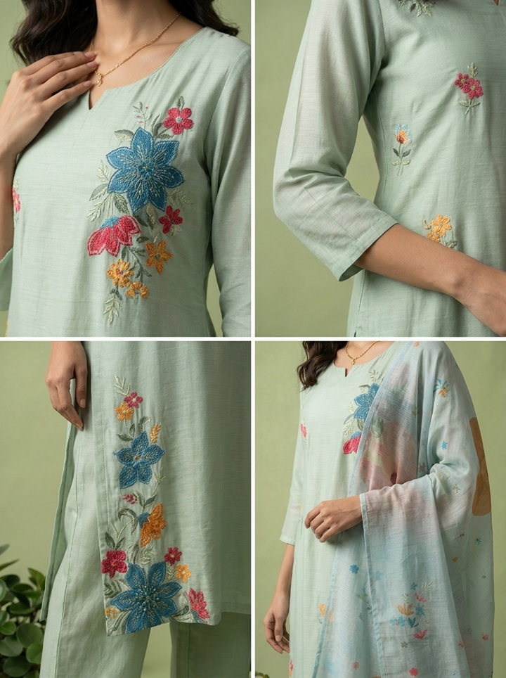 Aqua Muslin Heavy Floral Thread Embroidery Three Piece Set