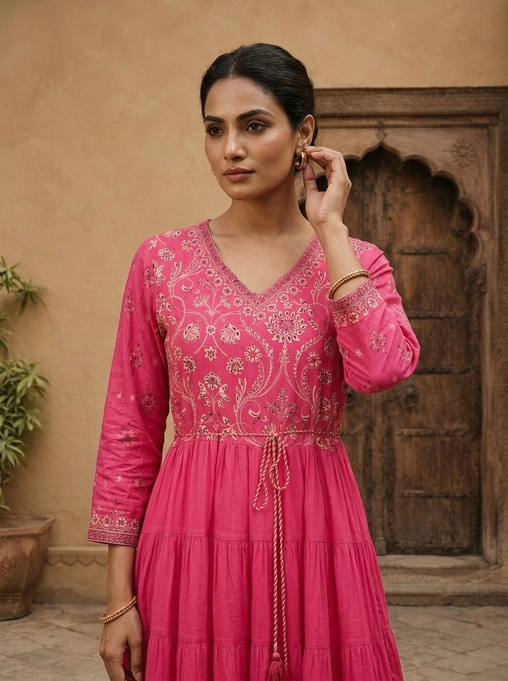Rose Pink Cotton Floral Printed Dress