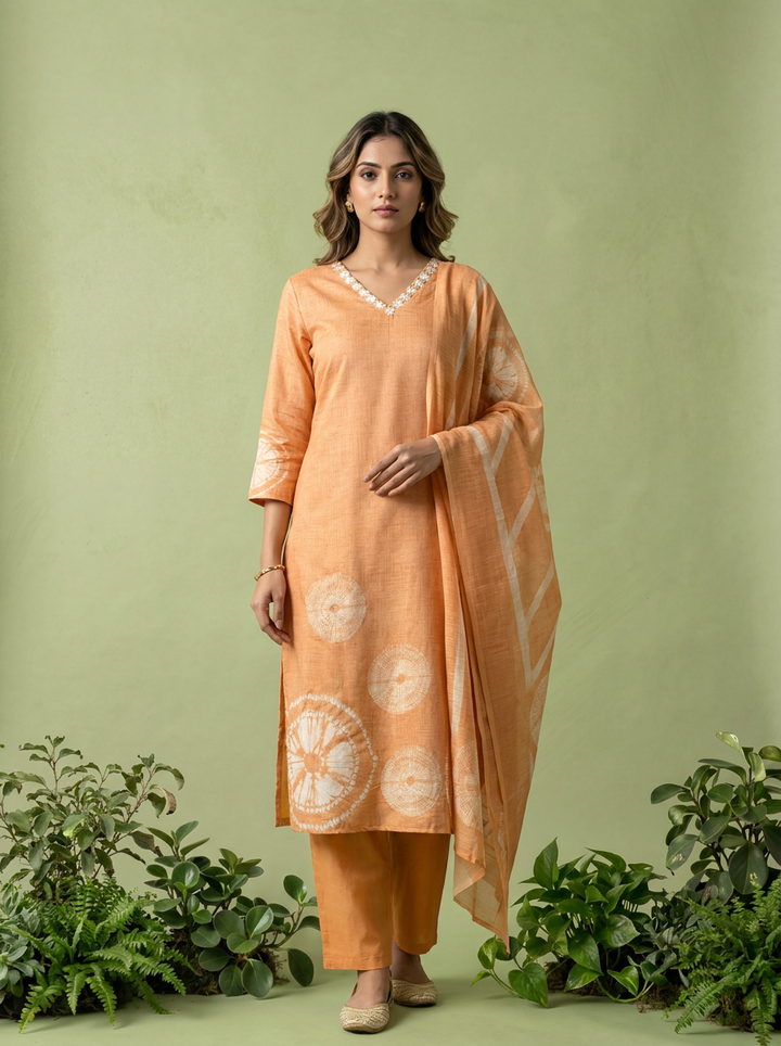 Peach Printed Linen Three Piece Set