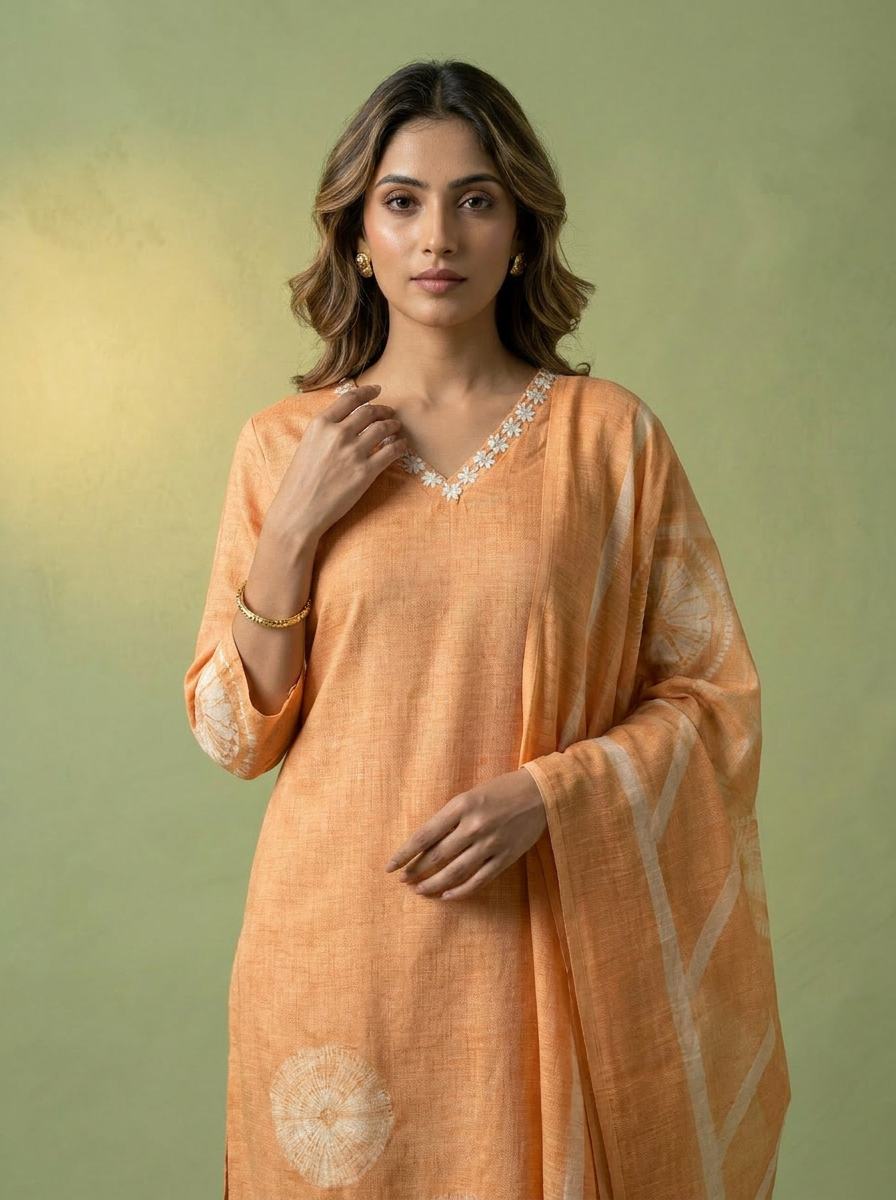 Peach Printed Linen Three Piece Set