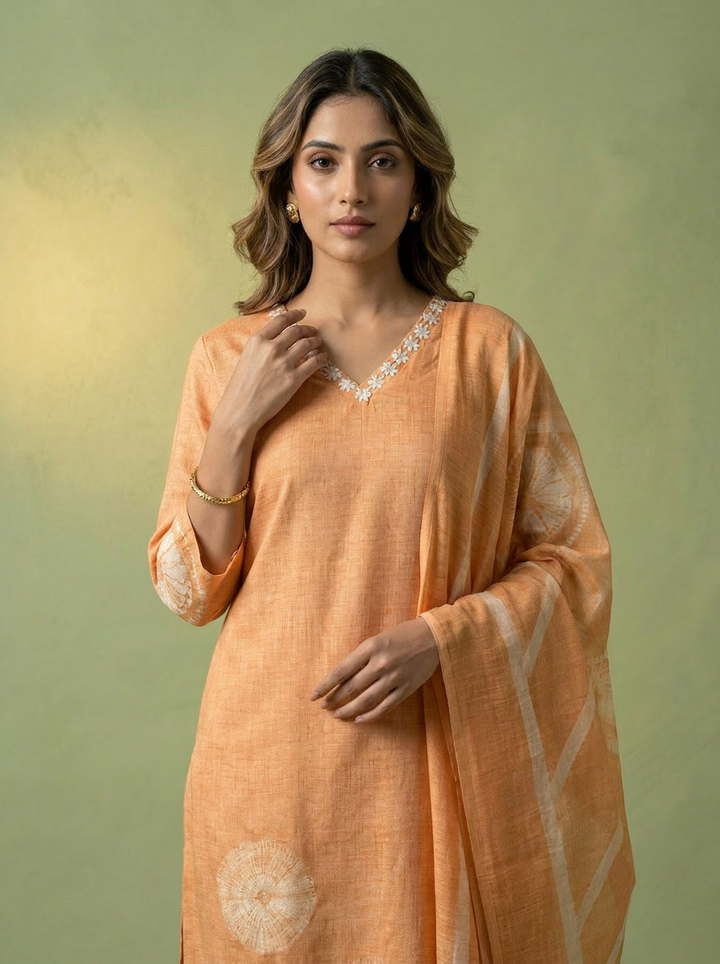 Peach Printed Linen Three Piece Set