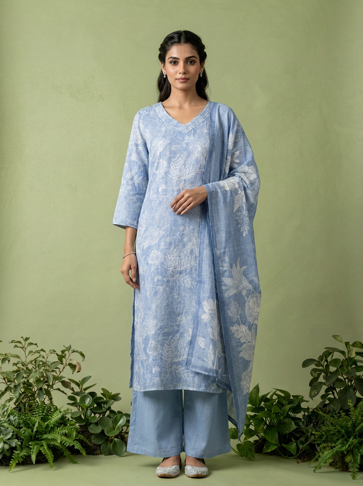Blue Floral Printed Linen Three Piece Set
