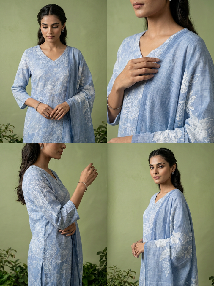 Blue Floral Printed Linen Three Piece Set