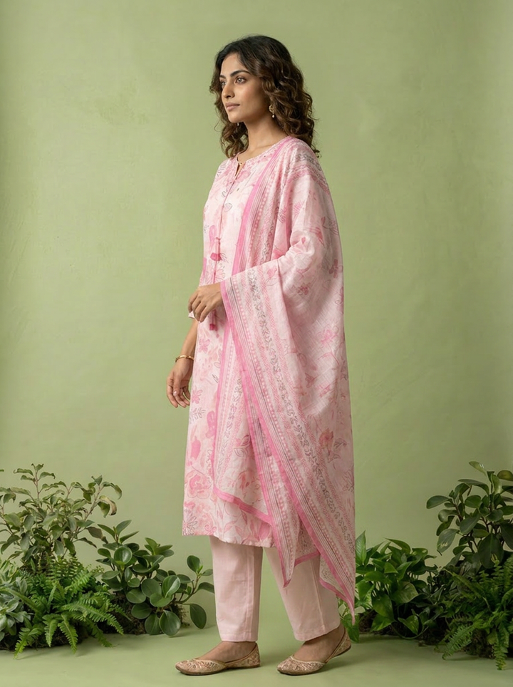 Baby Pink Linen Heavy Floral Printed Three Piece Set