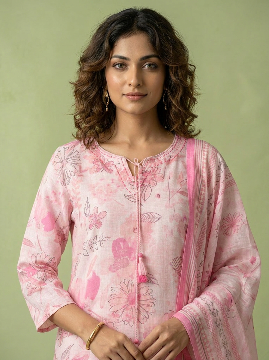 Baby Pink Linen Heavy Floral Printed Three Piece Set
