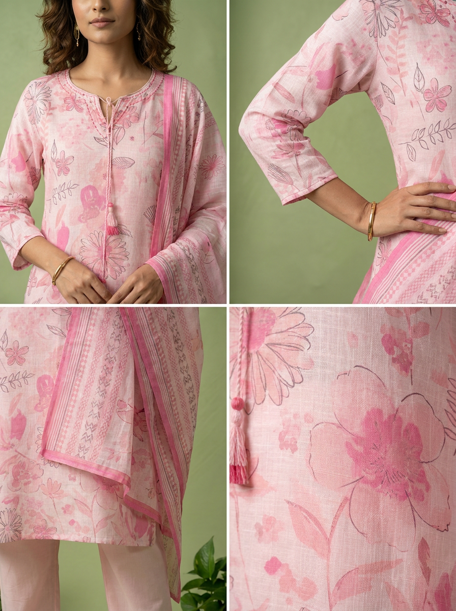 Baby Pink Linen Heavy Floral Printed Three Piece Set