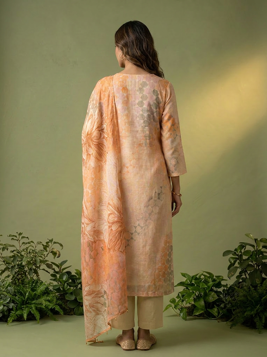 Peach Floral Printed Chanderi Three Piece Set