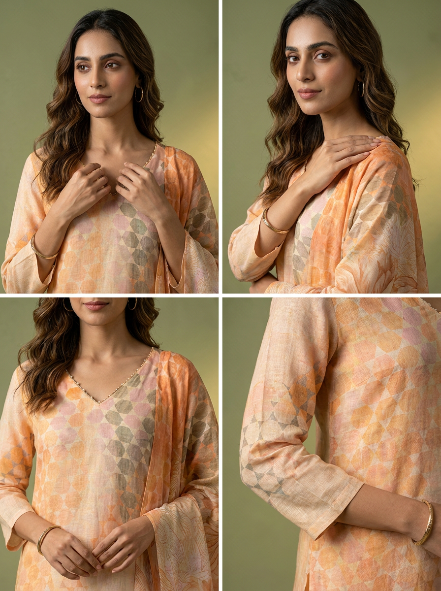 Peach Floral Printed Chanderi Three Piece Set