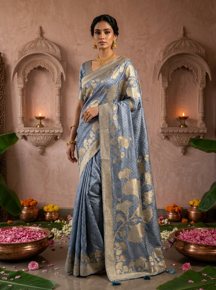 Grey Floral Design Silk Saree With Zari Border