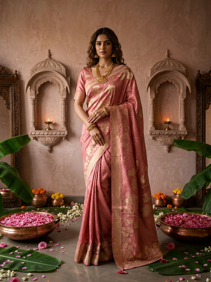 Onion Floral Design Silk Saree With Zari Border