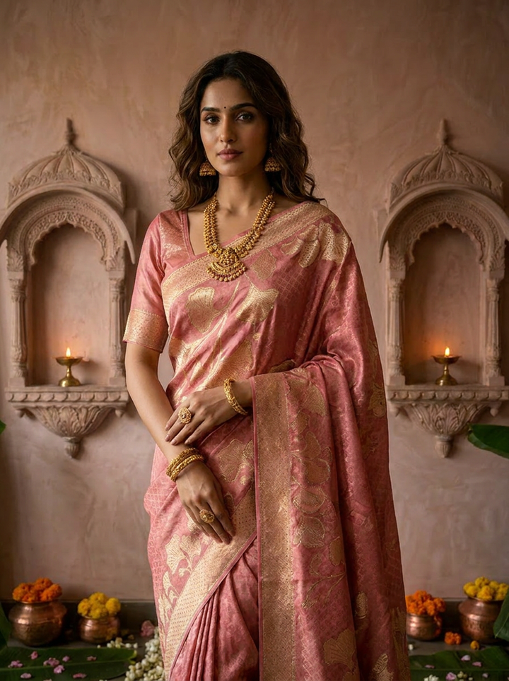 Onion Floral Design Silk Saree With Zari Border