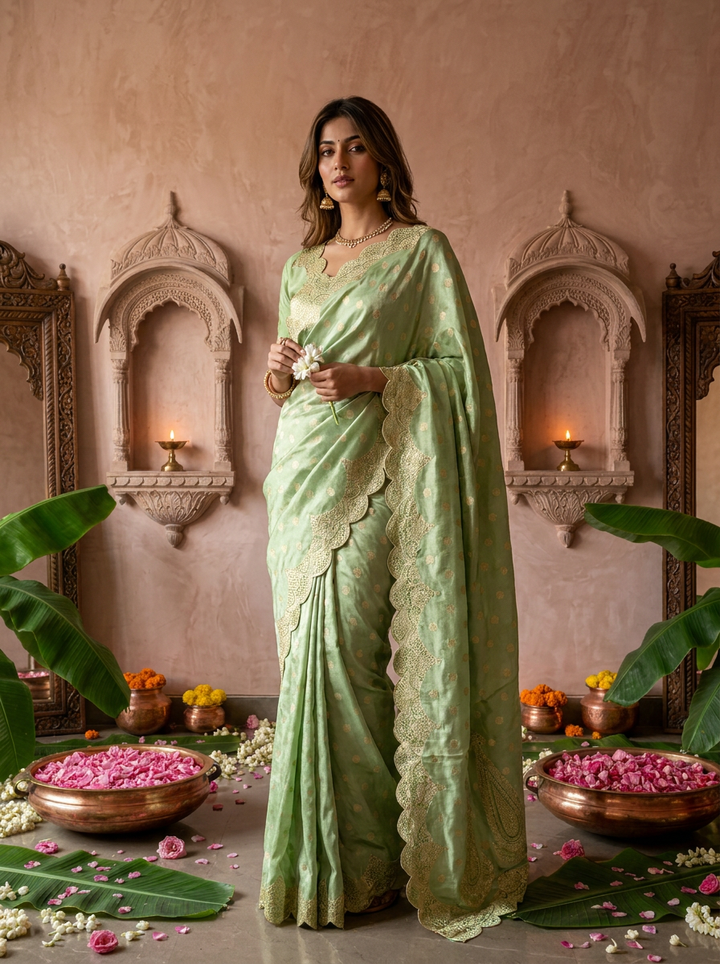 Pista Green Silk Paisley Design Weaved Saree