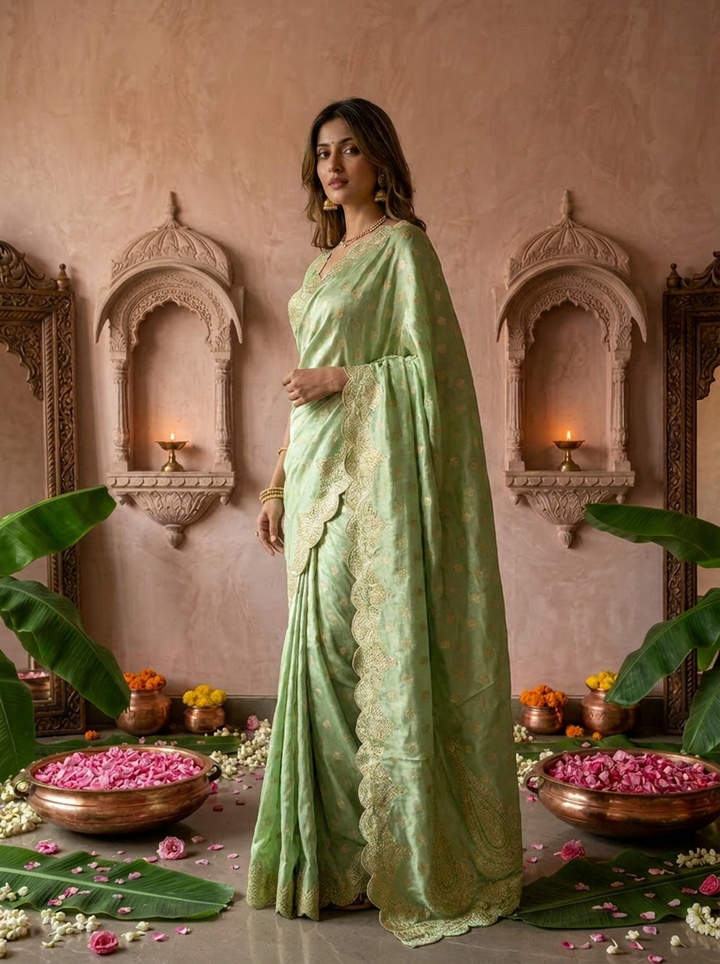 Pista Green Silk Paisley Design Weaved Saree