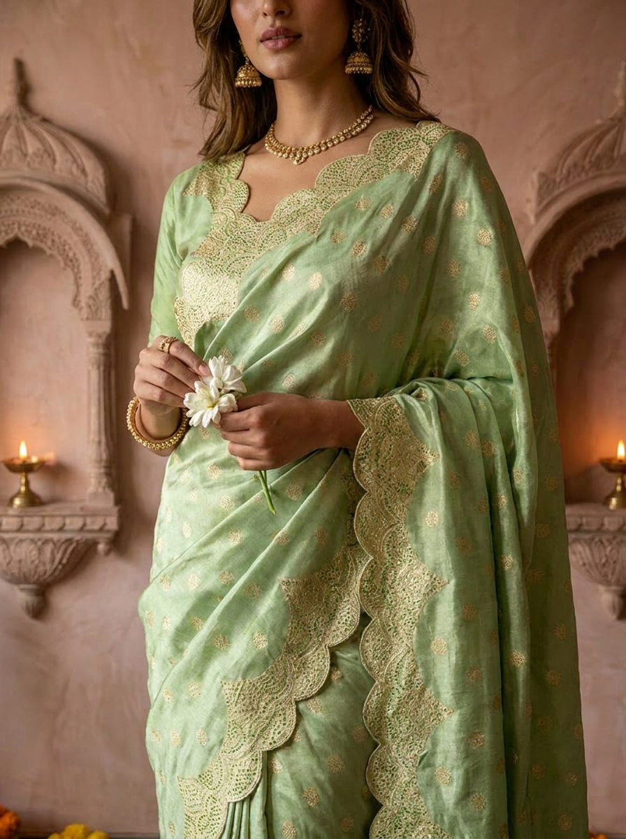 Pista Green Silk Paisley Design Weaved Saree