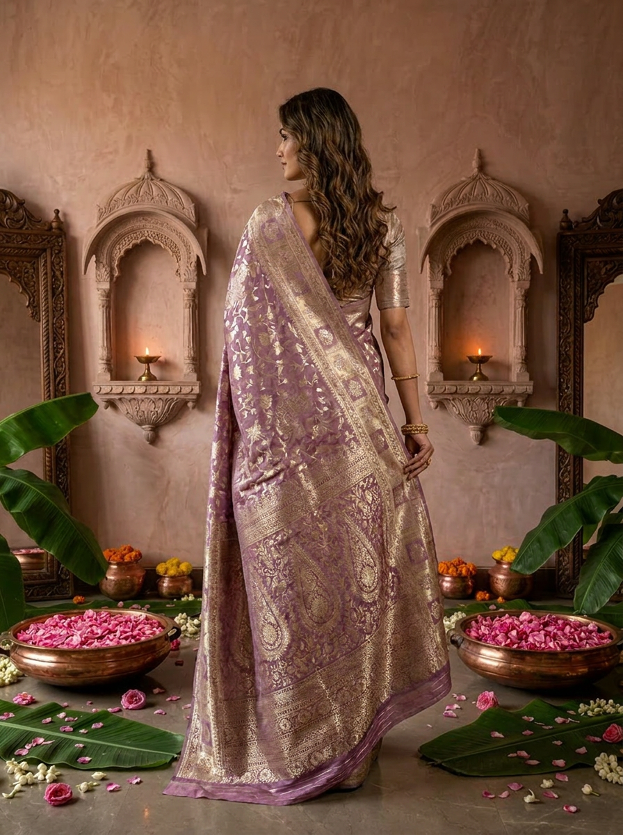 Lilac Banarasi Silk Saree with Rich Gold Zari Weaving