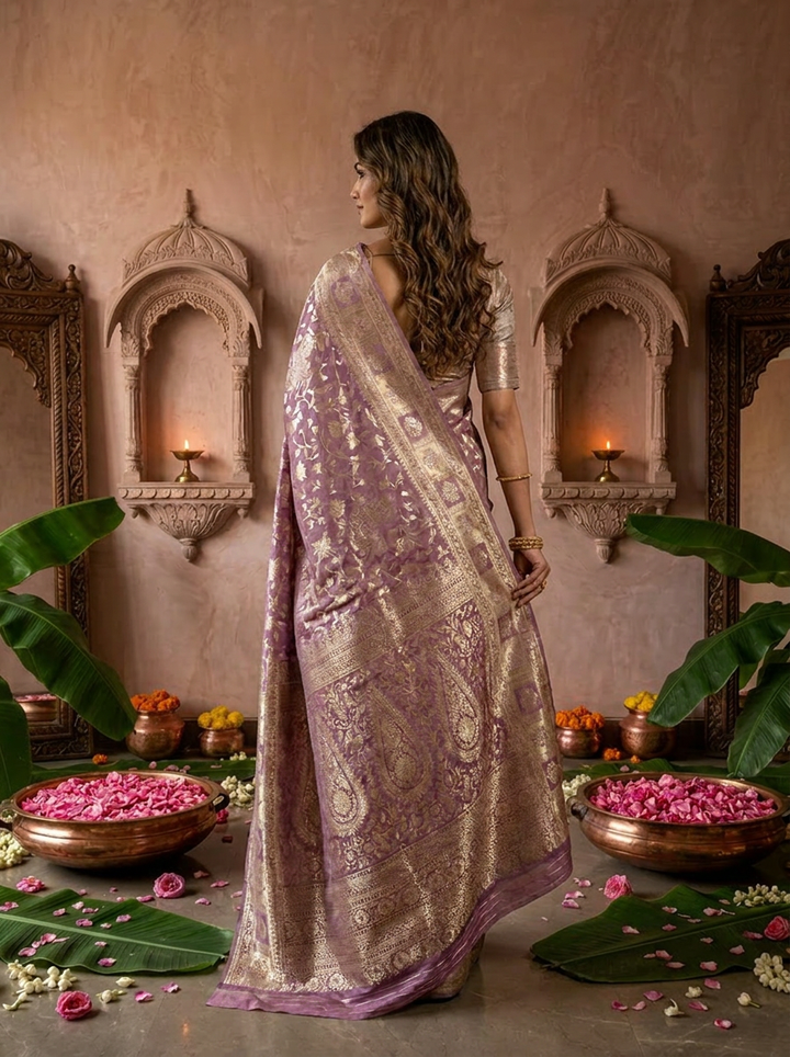 Lilac Banarasi Silk Saree with Rich Gold Zari Weaving