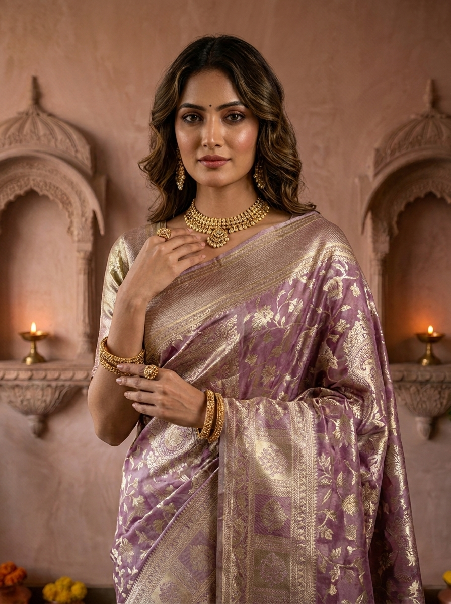 Lilac Banarasi Silk Saree with Rich Gold Zari Weaving
