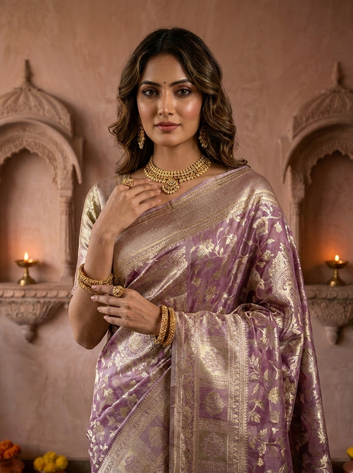 Lilac Banarasi Silk Saree with Rich Gold Zari Weaving