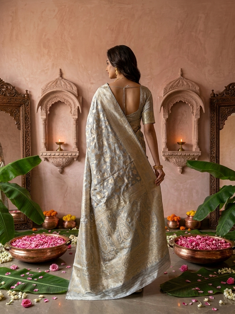 Silver Grey Banarasi Silk Saree With Rich Gold Zari Weaving