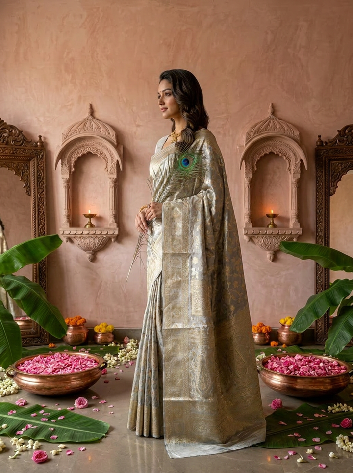 Silver Grey Banarasi Silk Saree With Rich Gold Zari Weaving
