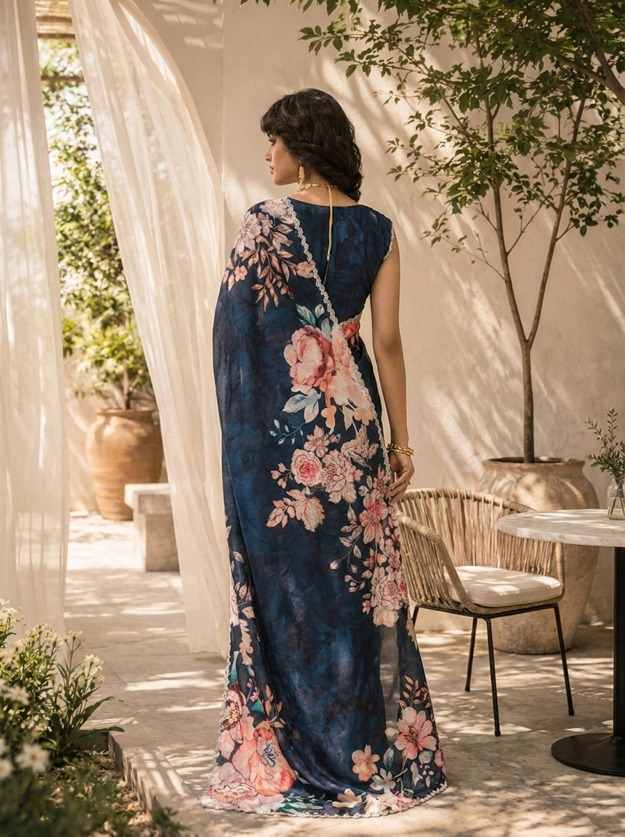Navy Blue Heavy  Floral Printed Satin Saree