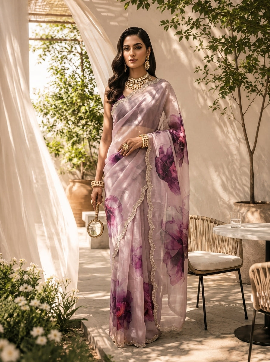 Lilac Floral Printed Soft Organza Saree with Designer Border