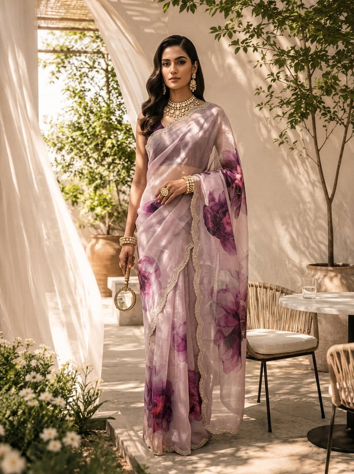 Lilac Floral Printed Soft Organza Saree with Designer Border