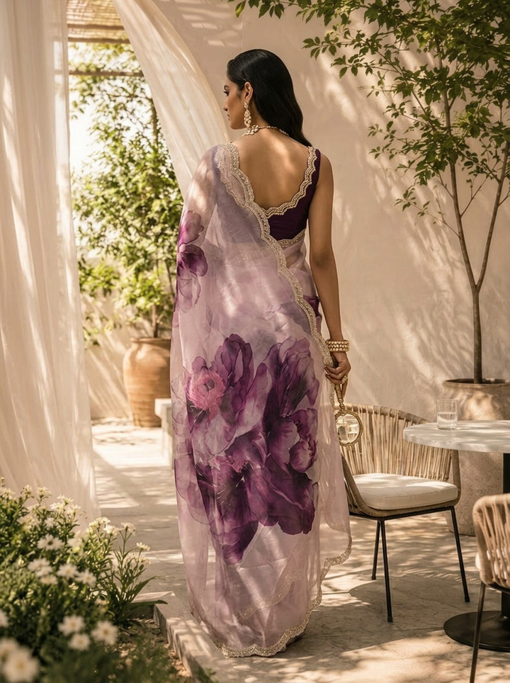 Lilac Floral Printed Soft Organza Saree with Designer Border