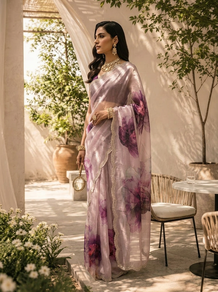 Lilac Floral Printed Soft Organza Saree with Designer Border