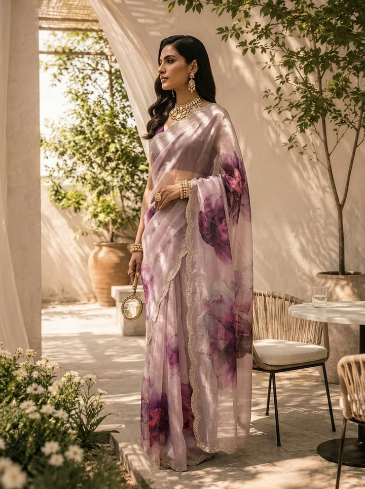 Lilac Floral Printed Soft Organza Saree with Designer Border