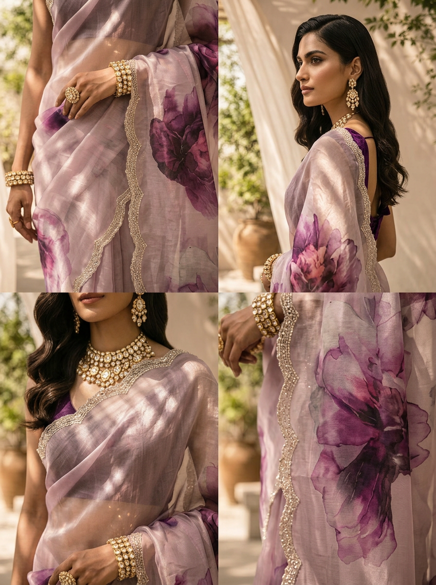 Lilac Floral Printed Soft Organza Saree with Designer Border