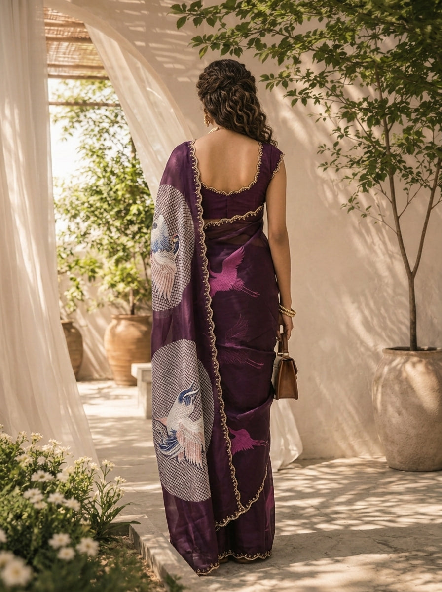 Purple Printed And Beads Embroidery Satin Saree