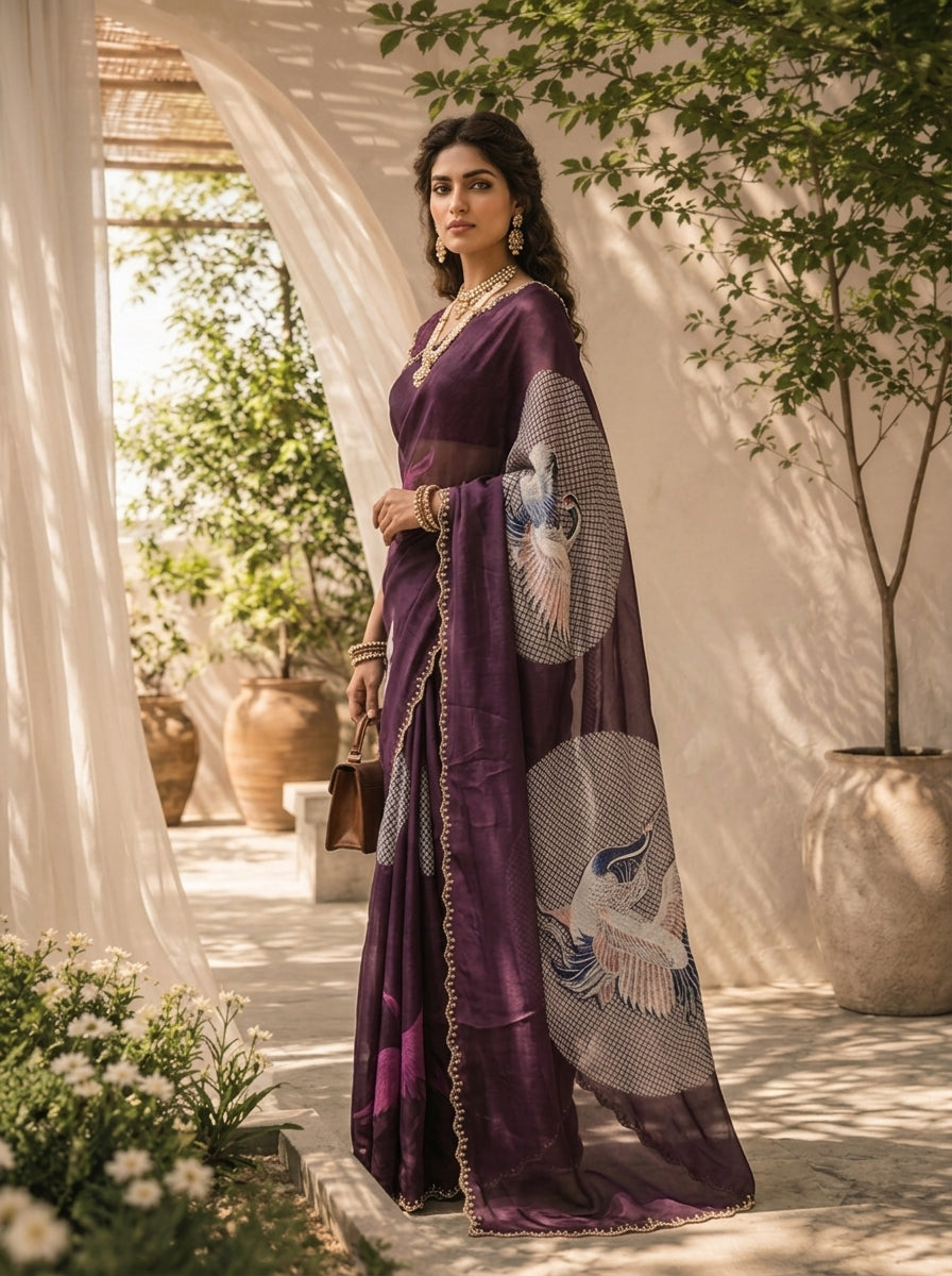 Purple Printed And Beads Embroidery Satin Saree