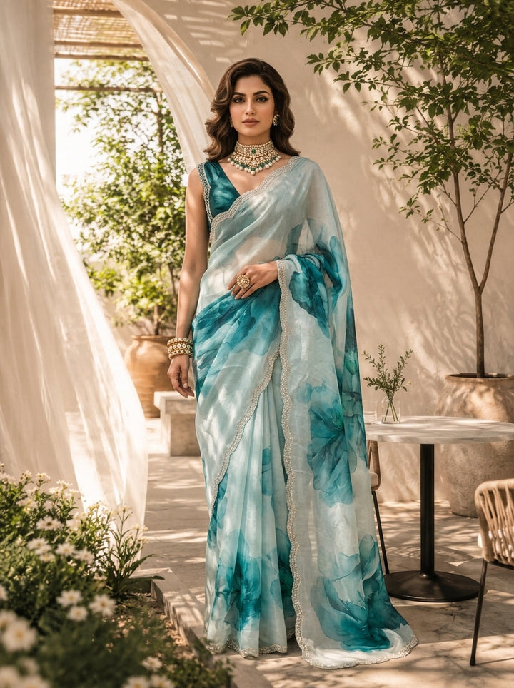 Sea Blue Floral Printed Soft Organza Saree with Designer Border