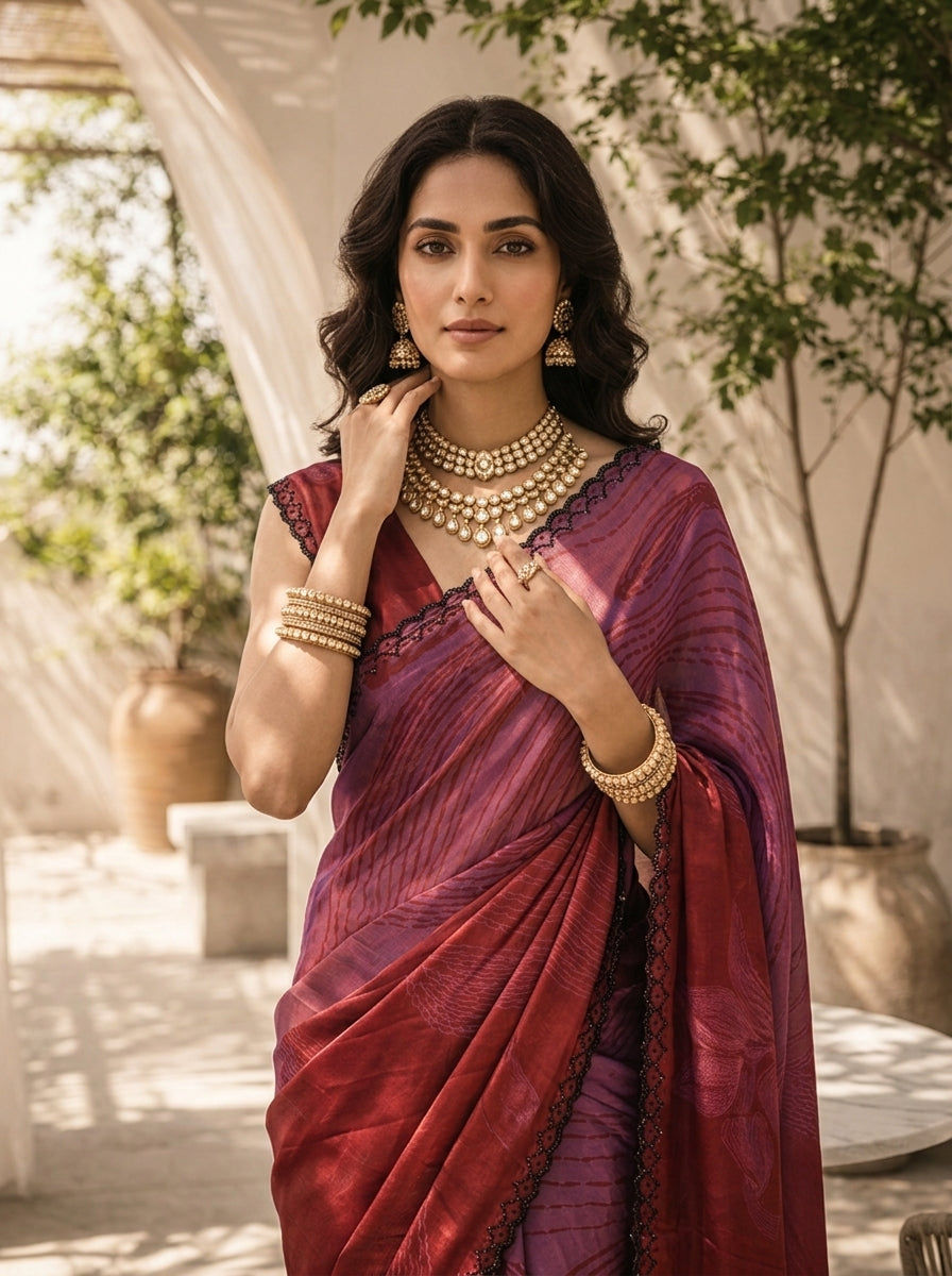 Maroon Printed Crepe Saree With Beads Embroidered Border