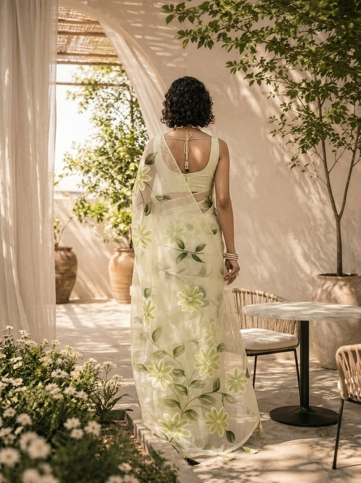 Pista Green Floral Printed Silk Saree