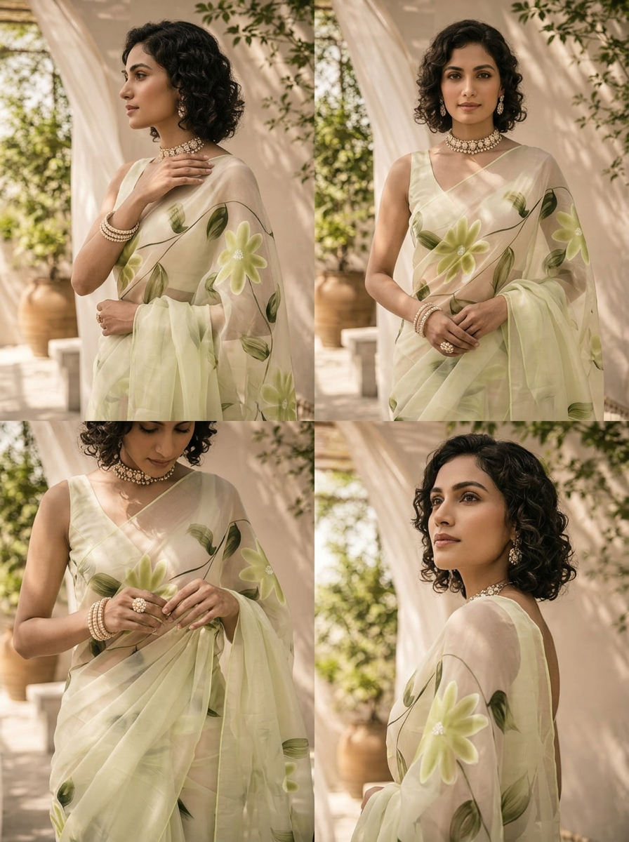 Pista Green Floral Printed Silk Saree