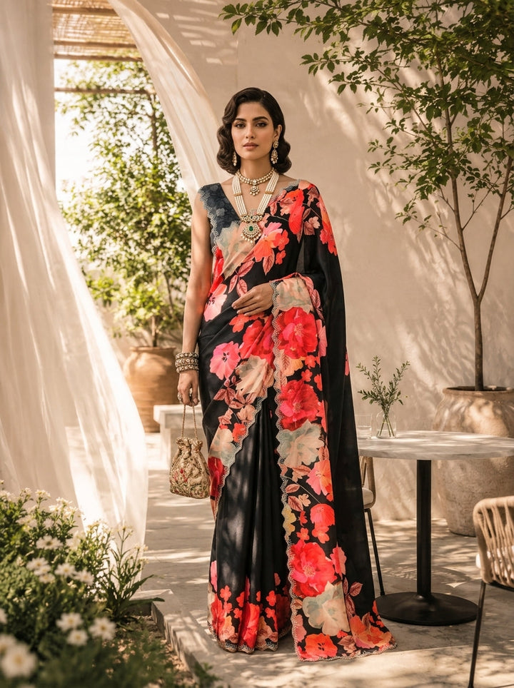 Black Heavy Floral Printed Satin Saree