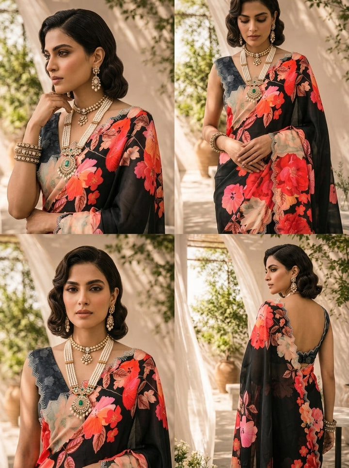 Black Heavy Floral Printed Satin Saree