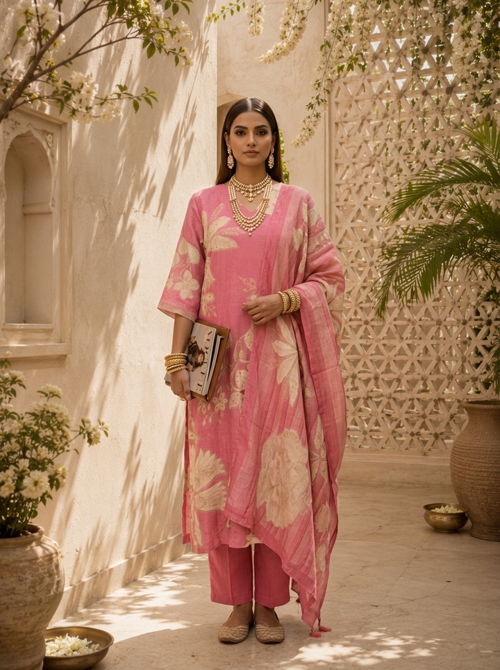 Rose Pink Floral Printed And Hand Embroidery Linen Three Piece Set