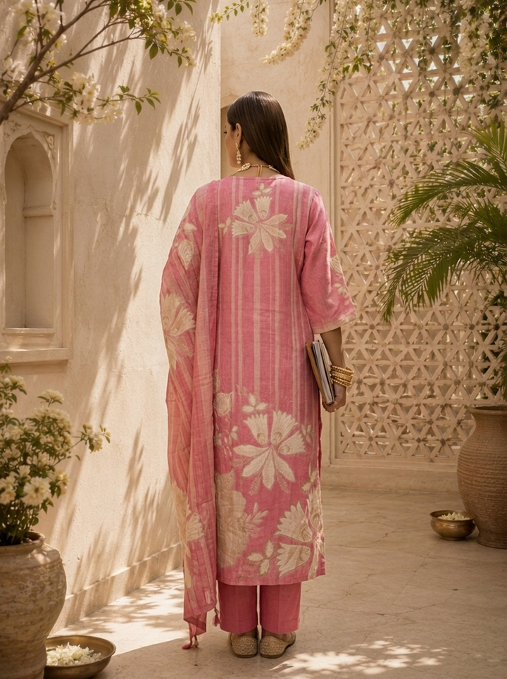Rose Pink Floral Printed And Hand Embroidery Linen Three Piece Set
