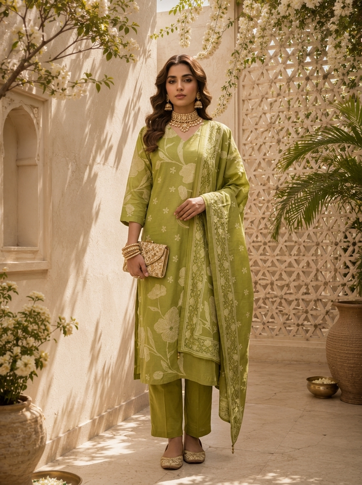 Mehadi Green Floral Printed Cotton Three Piece Set