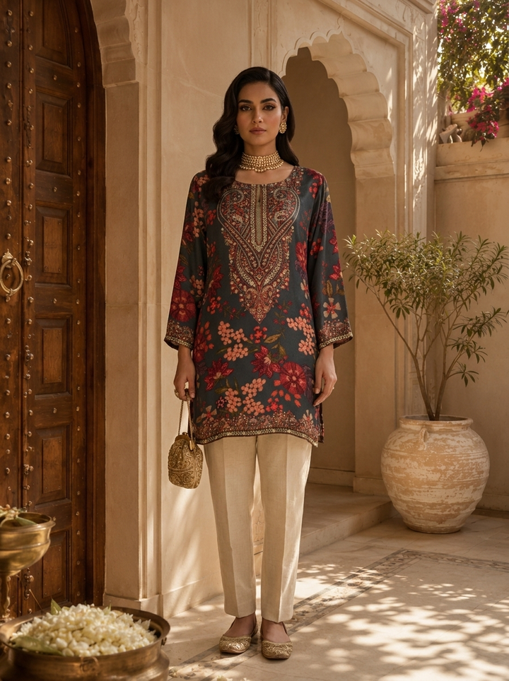 Brown Paisley And Floral Printed Crepe Kurti