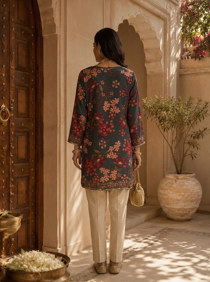 Brown Paisley And Floral Printed Crepe Kurti