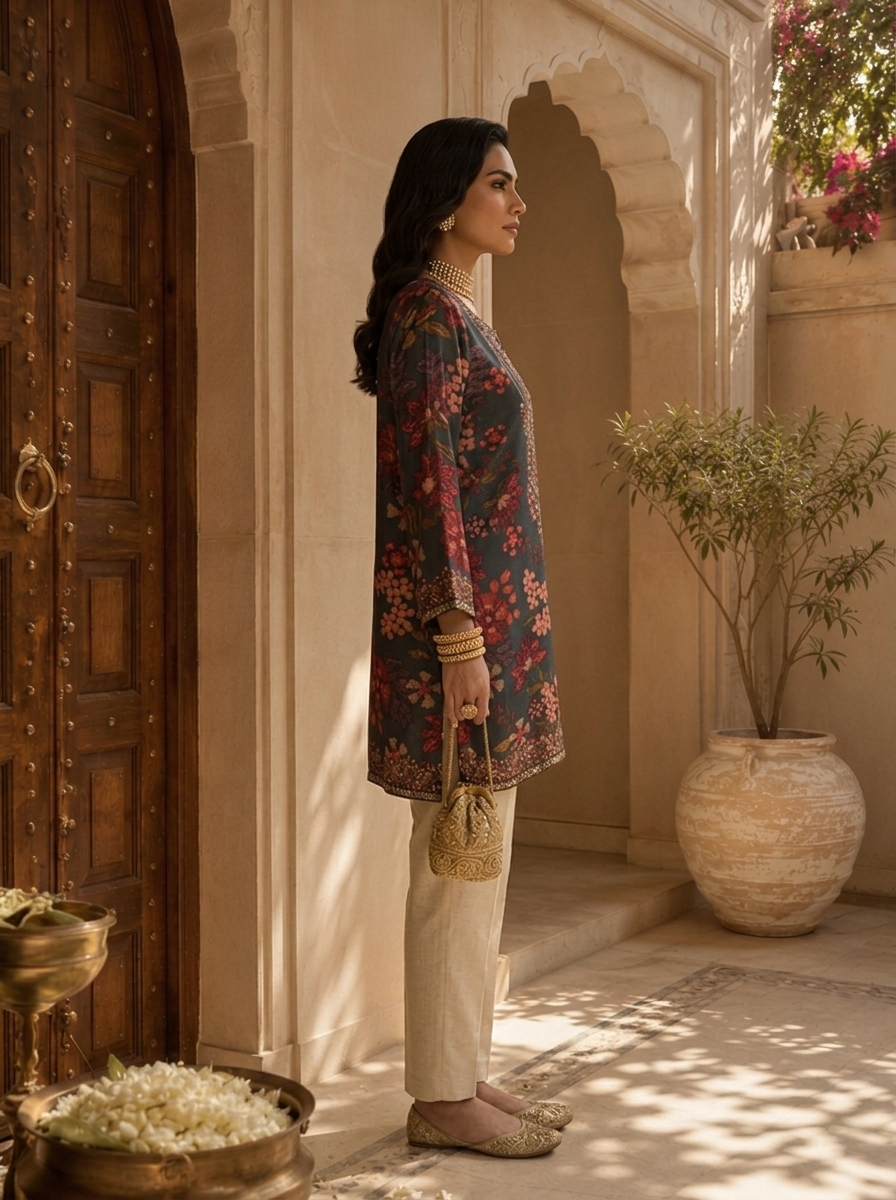 Brown Paisley And Floral Printed Crepe Kurti