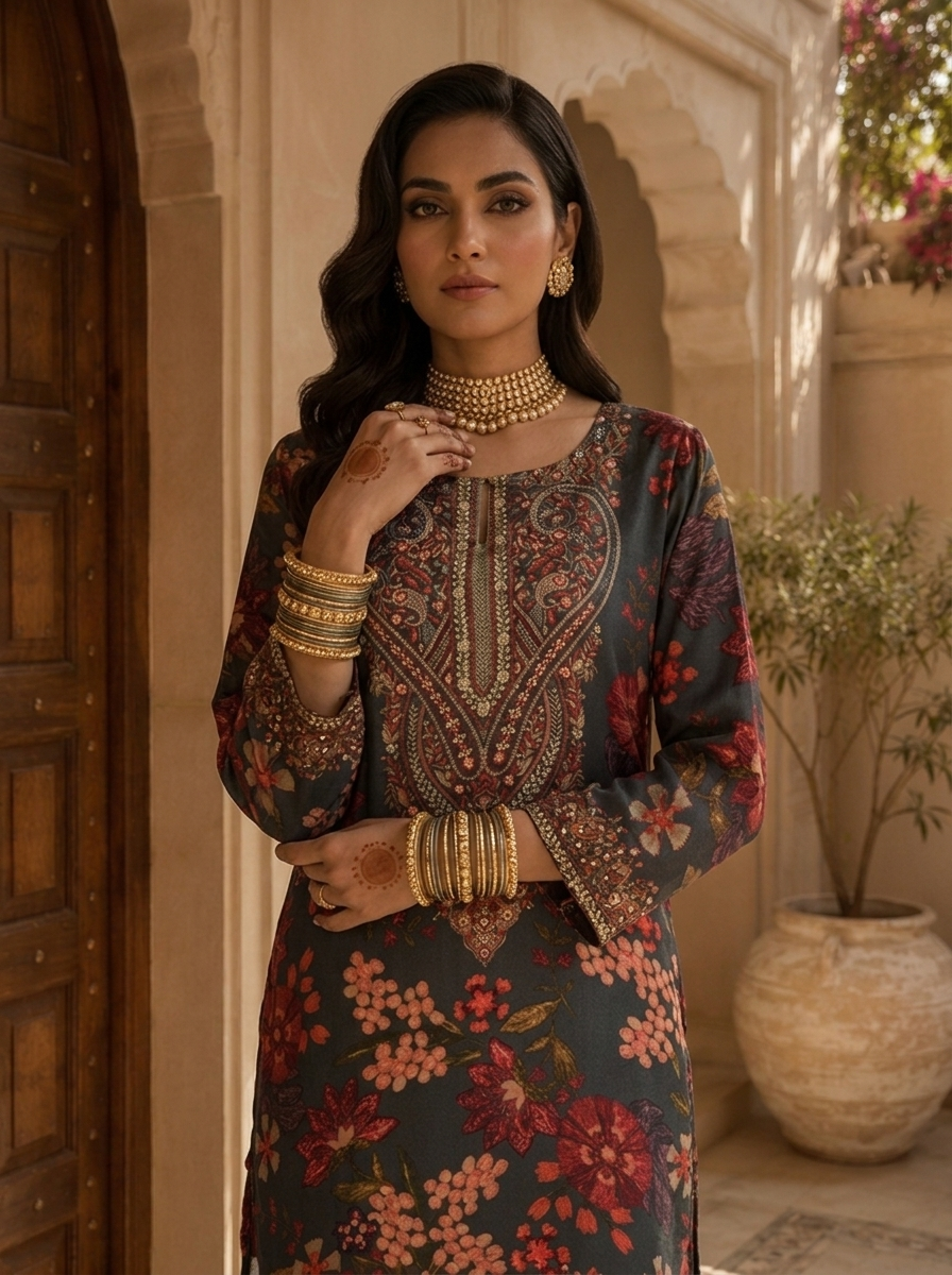 Brown Paisley And Floral Printed Crepe Kurti